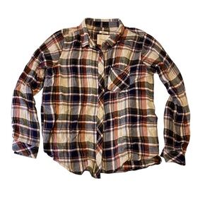 Thread & Supply Cream/Navy/Burgundy Long Sleeve Button Down Flannel Shirt | L